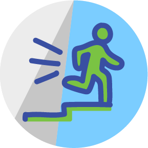 Circular icon depicting a person running up a flight of stairs