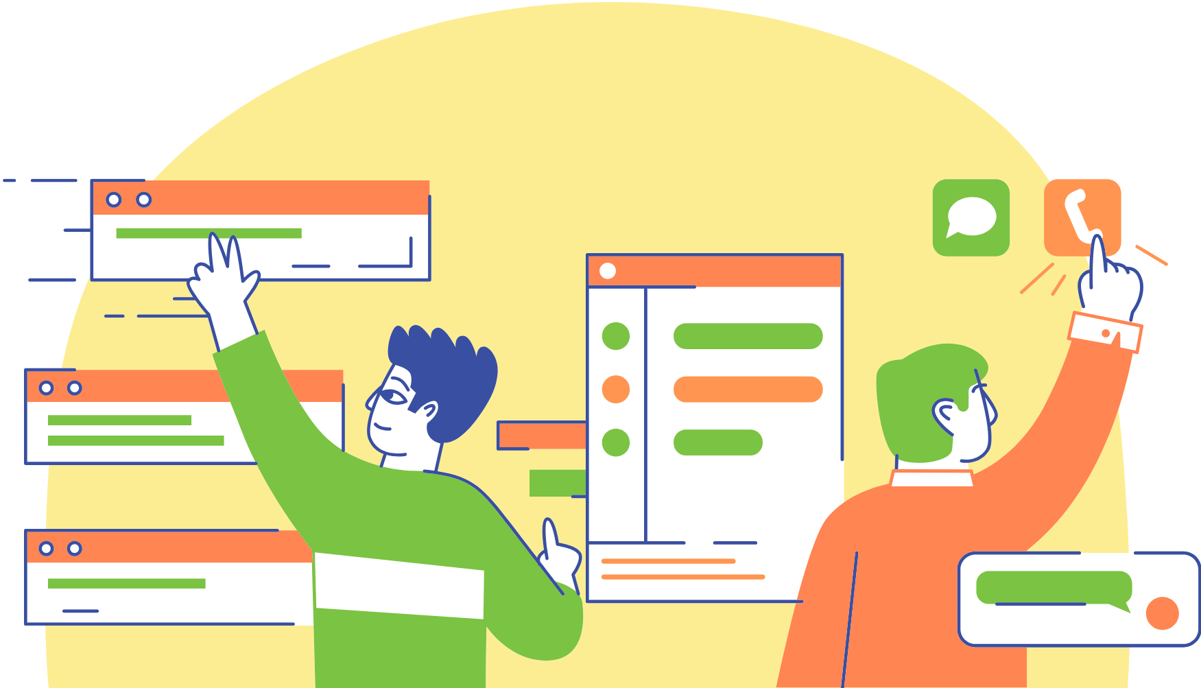 A colorful illustration of two people pointing at various browser windows and message apps as though they are using a giant touchscreen to work.