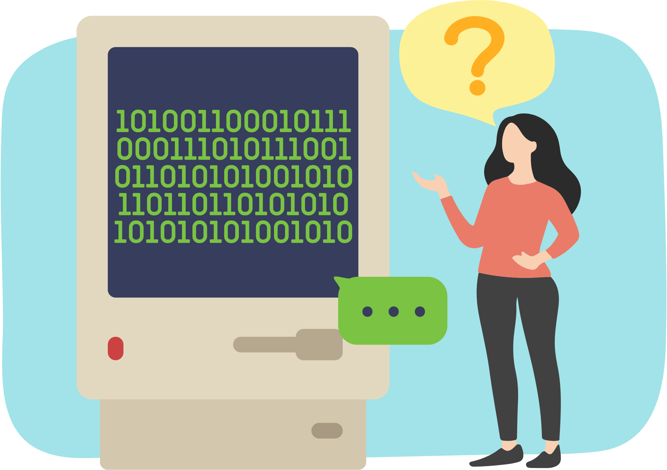 A colorful illustration of a woman asking a large computer a question. The computer tries to compute an answer.