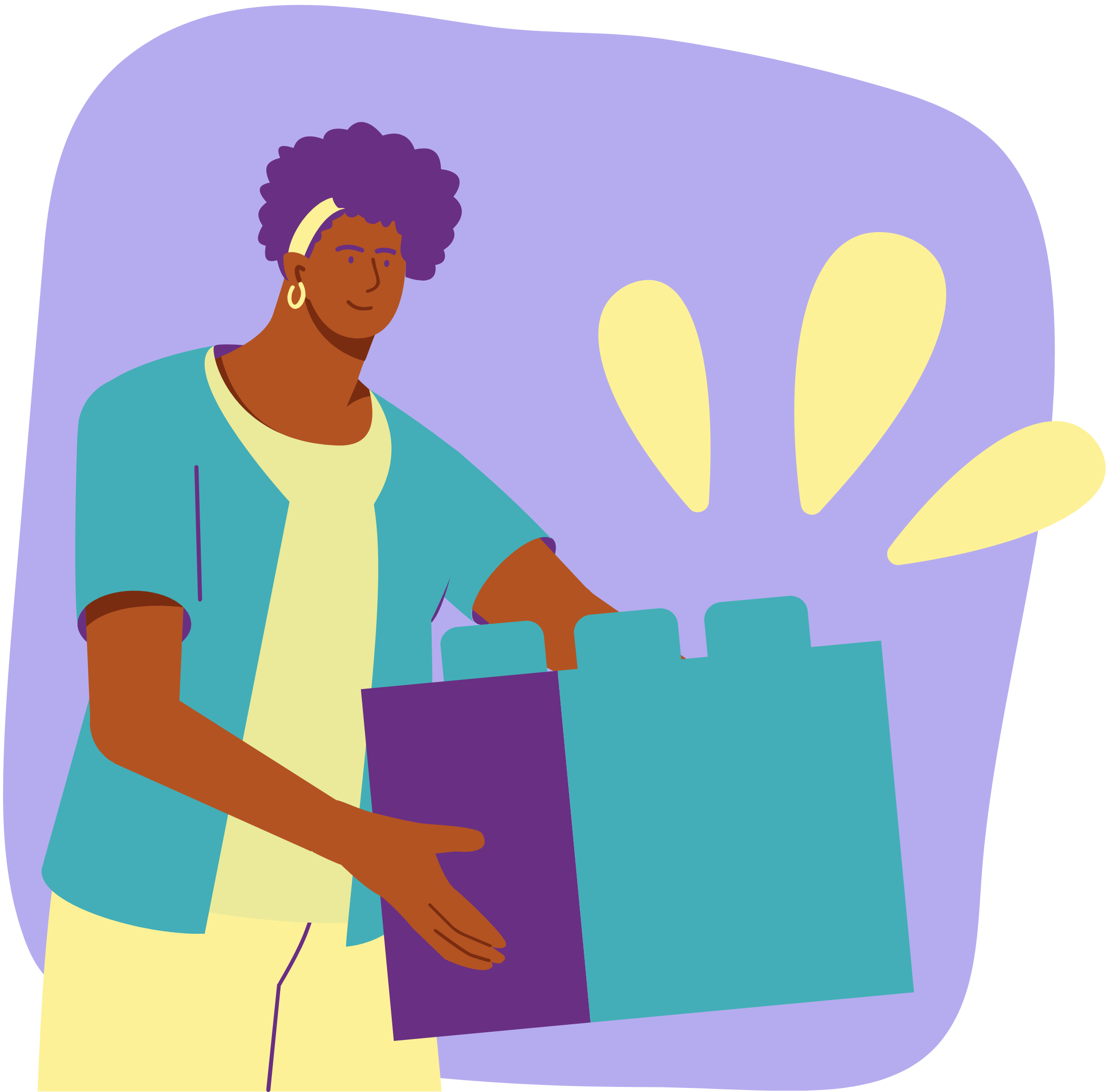 A colorful illustration of a person carrying a large building block in their arms.