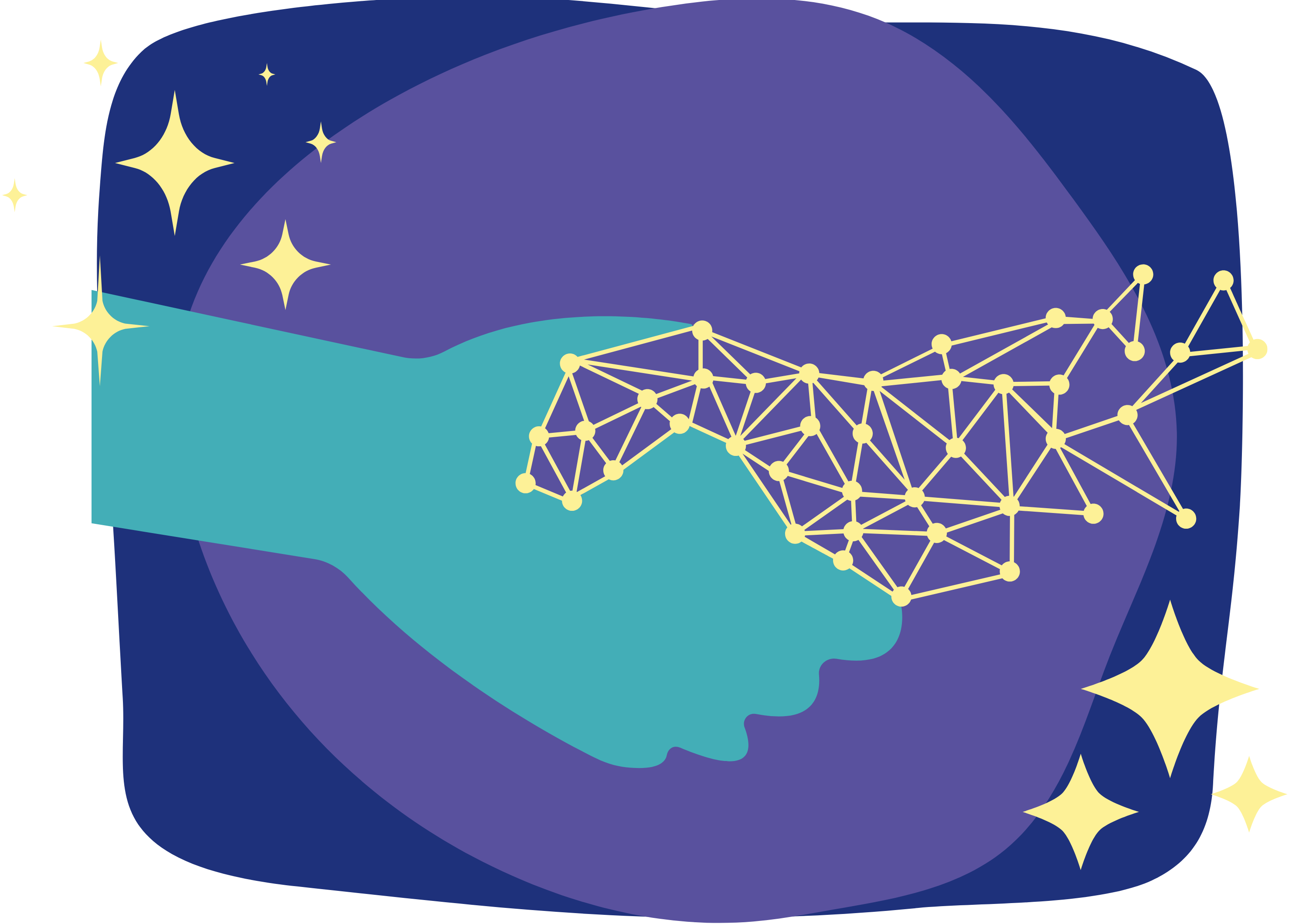 A colorful illustration of two hands shaking each other in agreement. One belongs to a human and the other is made of data points, representing an AI.