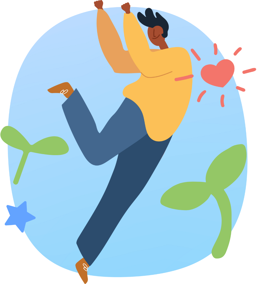 A colorful illustration of someone confidently jumping, surrounded by green growth, stars, and hearts.
